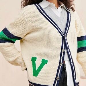 Preppy Varsity Cardigan Sweater Cream  lPatch Anthropologie Size XS Academiacore